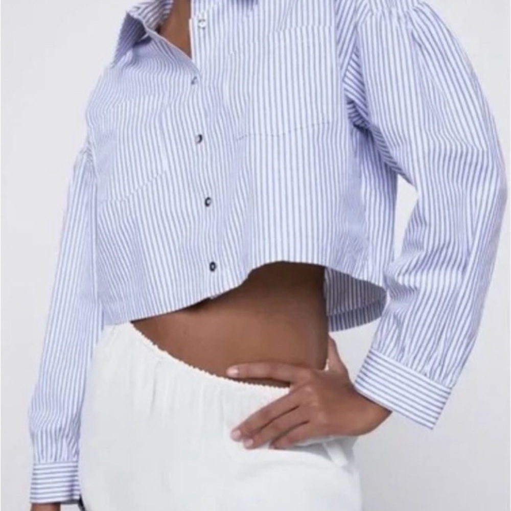 Zara Striped Crop Poplin Button Up Collared Shirt… - image 2